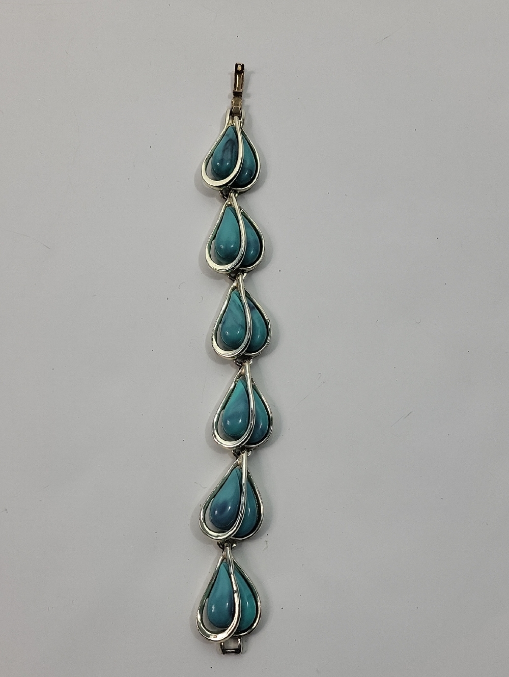 Vintage CORO Faux Turquoise Heart Shaped Gold Tone Panel Link Bracelet